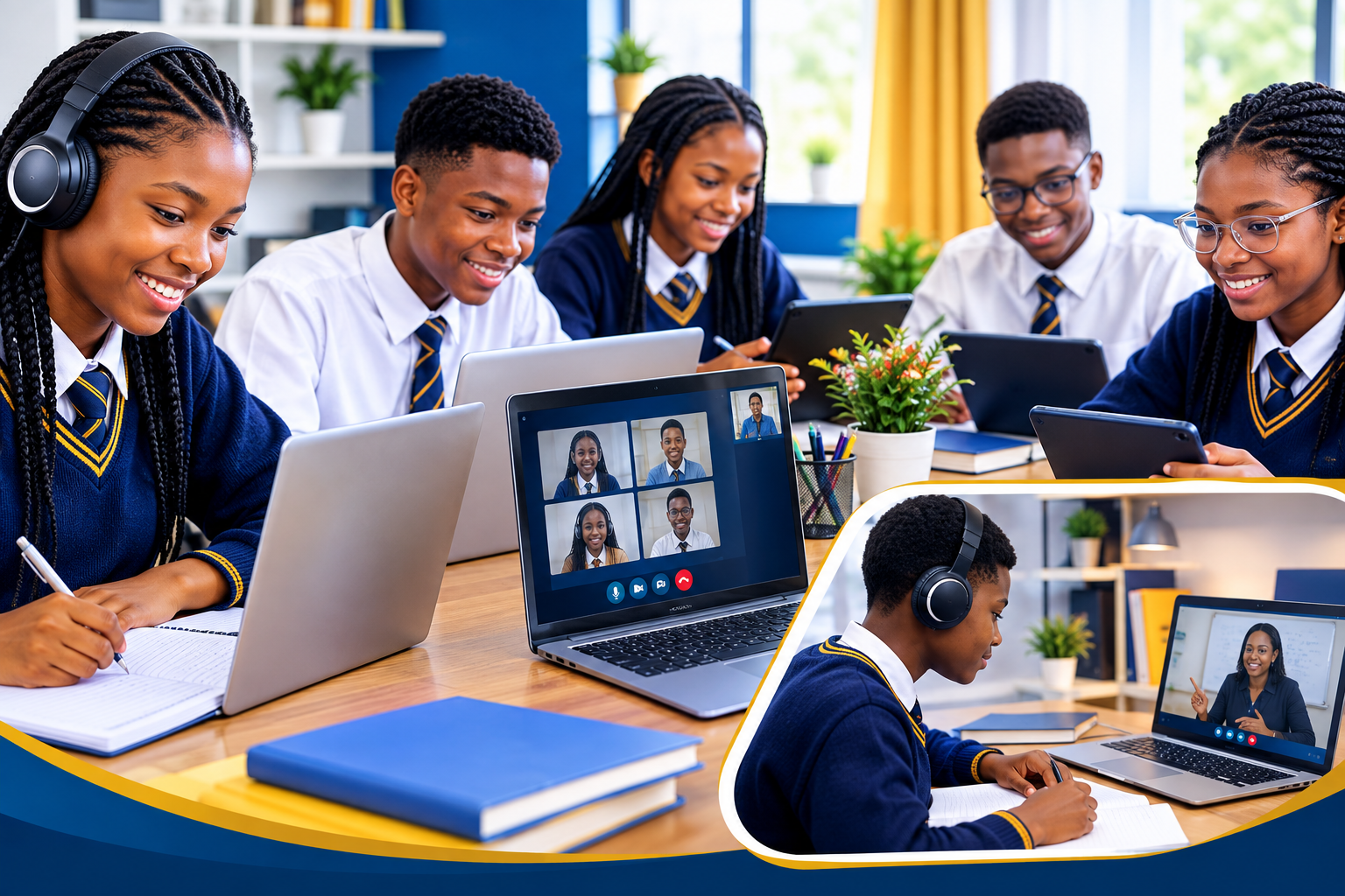 Black students in a group online class and one-to-one online tutoring
